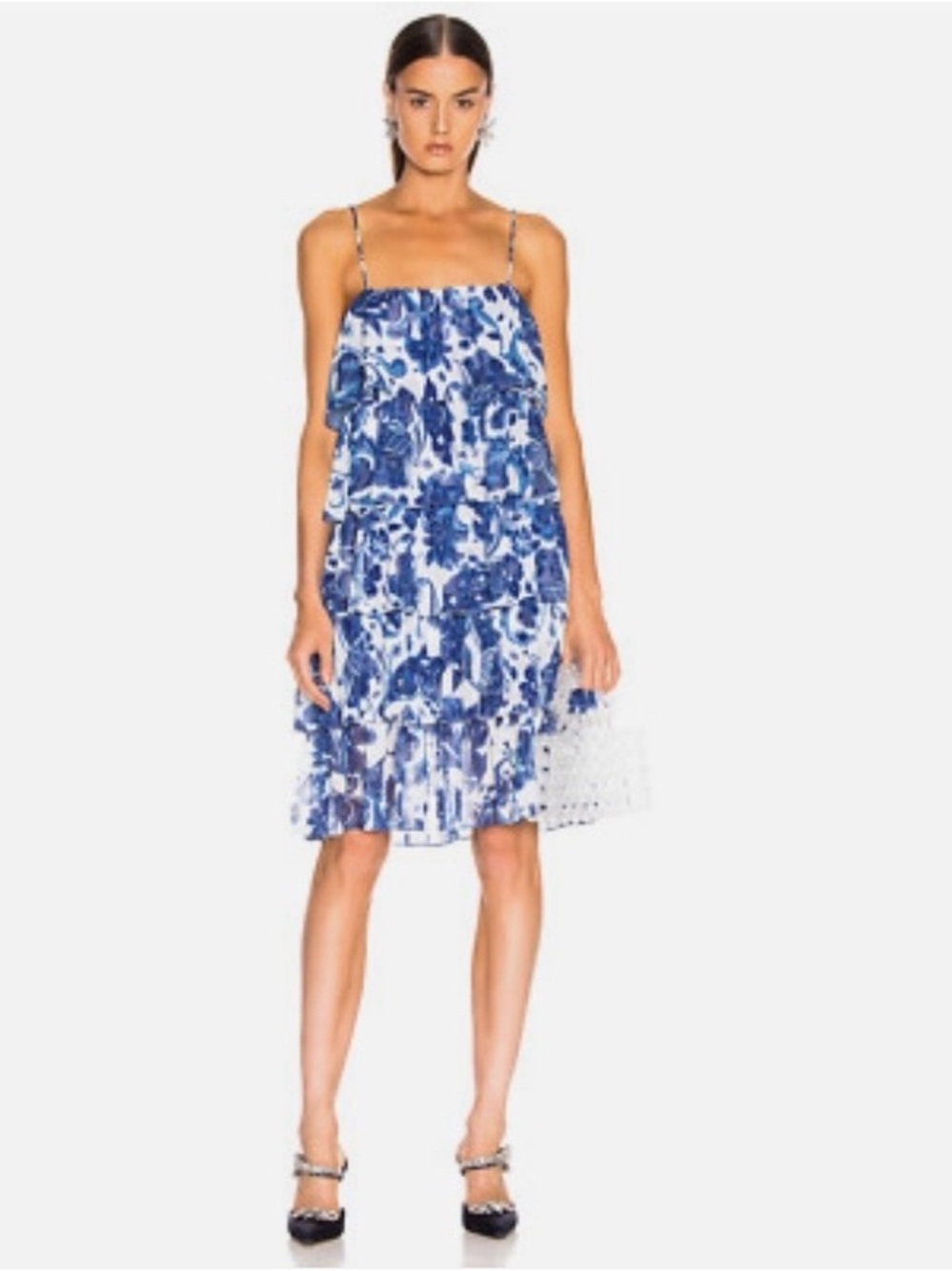 Caroline Constas Blue & White Floral Tiered Dress Spaghetti Straps Size M